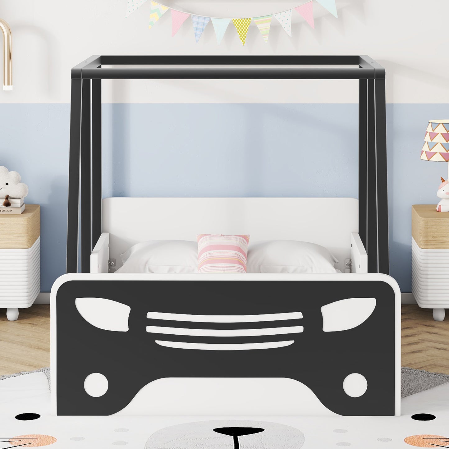 Twin Size Car-shaped Bed with Roof,Wooden Twin Floor Bed with wheels and door Design,Montessori Inspired Bedroom,Black