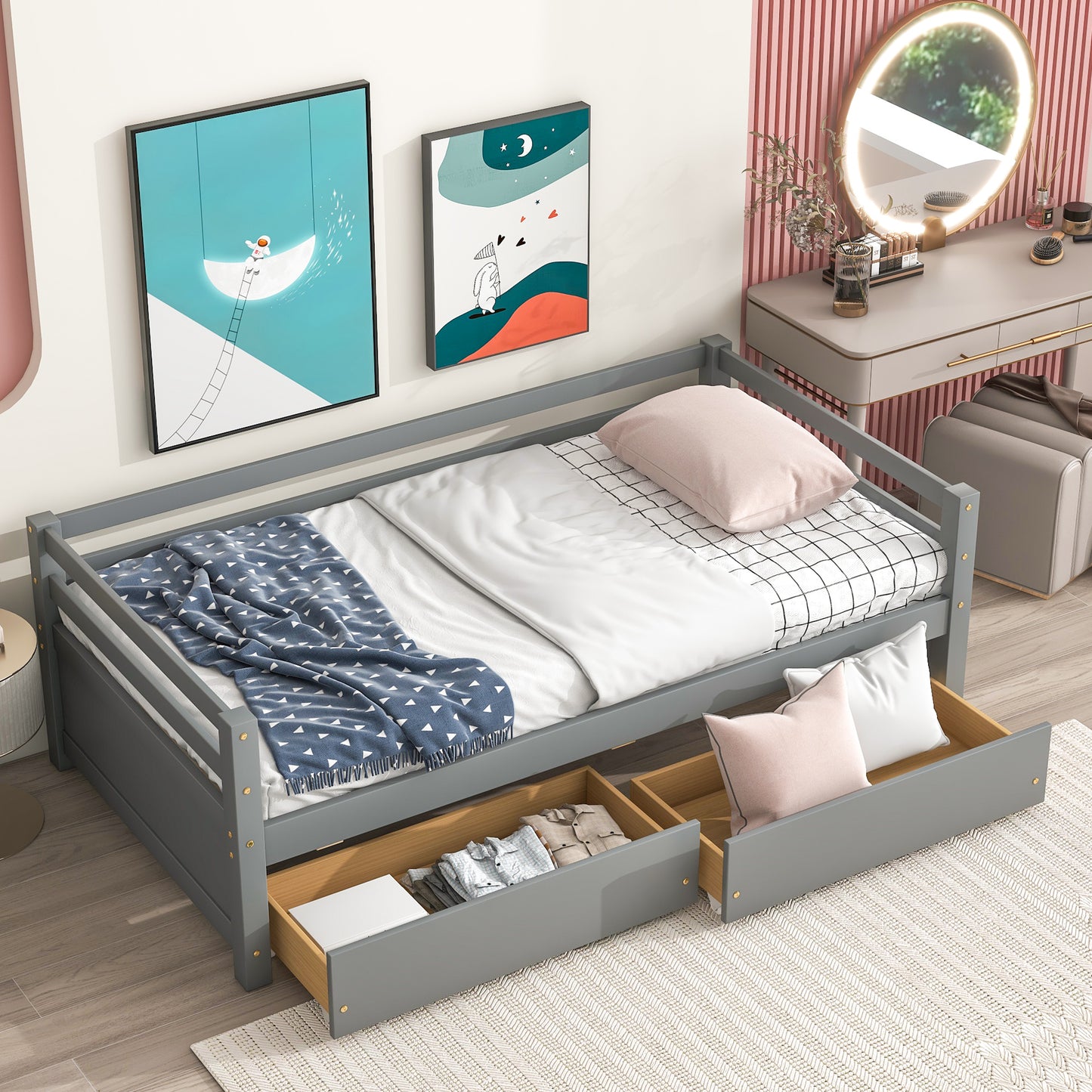 Grey Daybed with Storage Drawers, Wood Full Bed Frame with Built-in End Table for Bedroom, Living Room