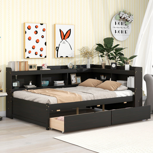 Full Bed with L-shaped Bookcases, Drawers ,Espresso