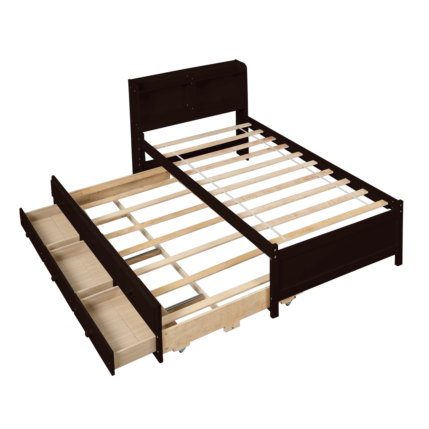 Twin Bed with Bookcase,Twin Trundle,Drawers,Espresso