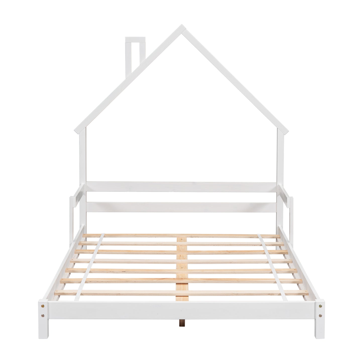 Full House-Shaped Headboard Bed with Handrails ,slats ,White