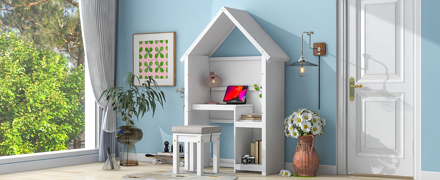 House-Shaped Kids Desk with a cushion stool,House-Style Desk and Stool Set,White