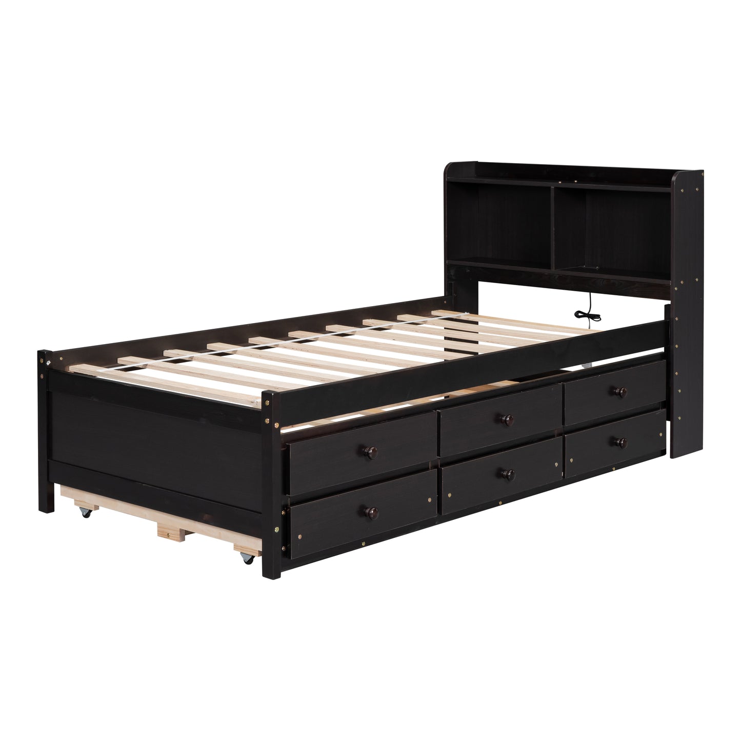 Twin Size Bed with  built-in USB ,Type-C Ports, LED light, Bookcase Headboard, Trundle and 3 Storage Drawers, Twin Size Bed with  Bookcase Headboard, Trundle and Storage drawers ,Espresso