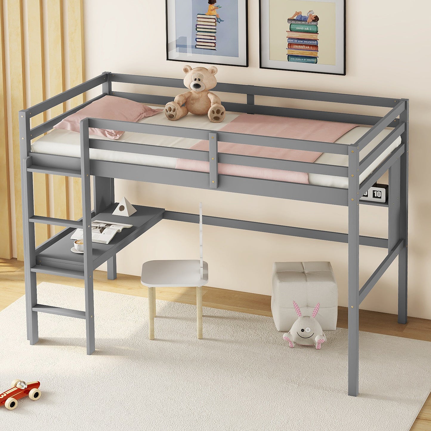 Twin Loft Bed with built-in desk and bookcase of three compartments, Guardrails and Ladder,Grey