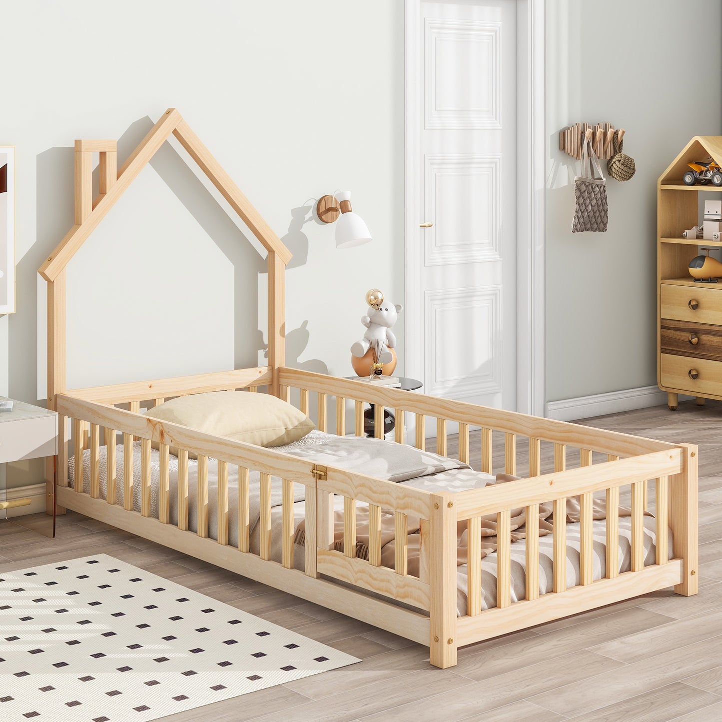 Twin House-Shaped Headboard Floor Bed with Fence
,Natural