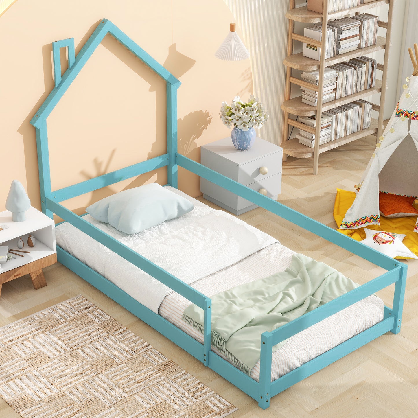 Twin Size Wood bed with House-shaped Headboard Floor bed with Fences,Light Blue