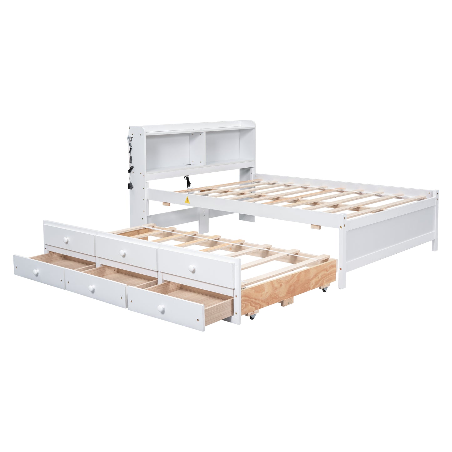 Full Size Bed with USB & Type-C Ports, LED light, Bookcase Headboard, Trundle and 3 Storage Drawers , Full Size Size Bed with  Bookcase Headboard, Trundle and Storage drawers ,White