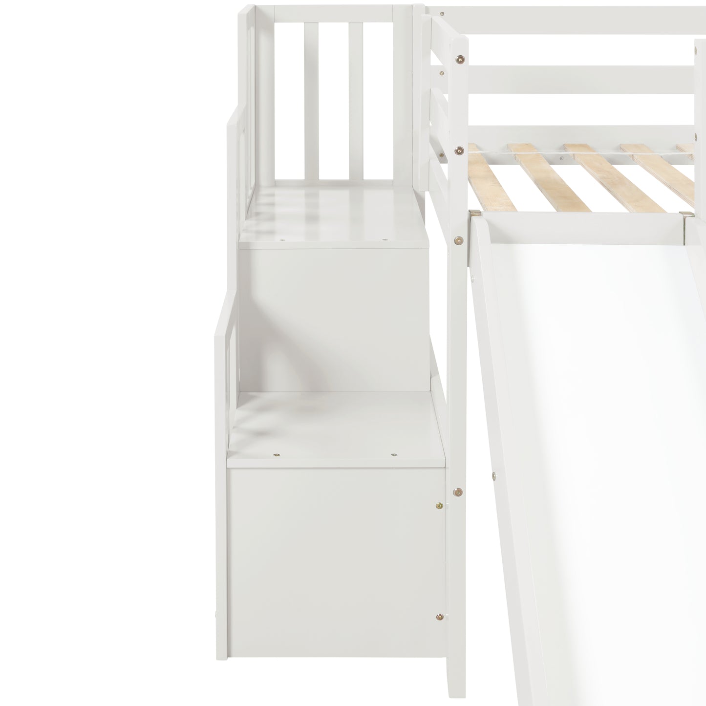 Loft Bed with Staircase, Storage, Slide, Twin size, Full-length Safety Guardrails, No Box Spring Needed, White (Old Sku:W504S00004)