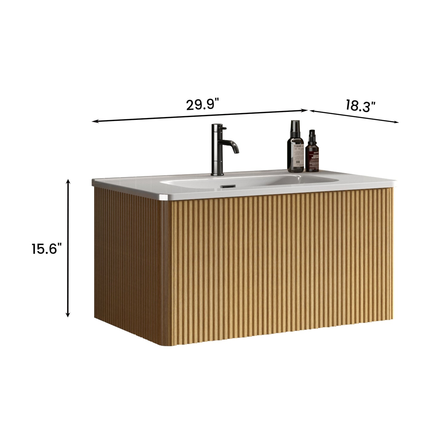 U049-Etna30W-306 Etna 30" Striped Natural Oak Bathroom Vanity with White Ceramic Sink, Wall Mounted Floating Bathroom Vanity for Modern Bathroom, One-Piece White Basin without Drain, Pre-assembled