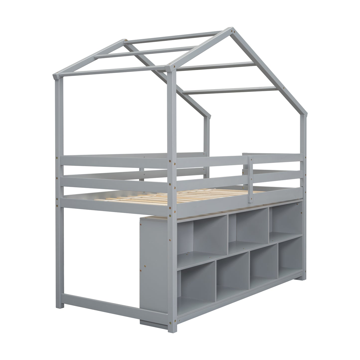 Twin House Loft Bed with Roof Frame, Under Bed Shelving Storage Unit, Guardrails, Ladder,Grey