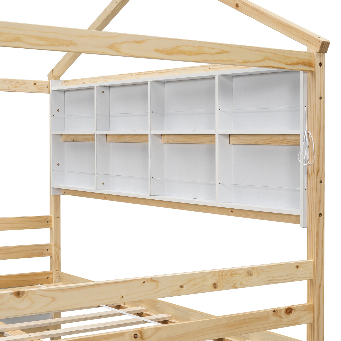 Full House Bed with Roof Frame, Bedside-shelves, Under Bed Storage Unit,Natural