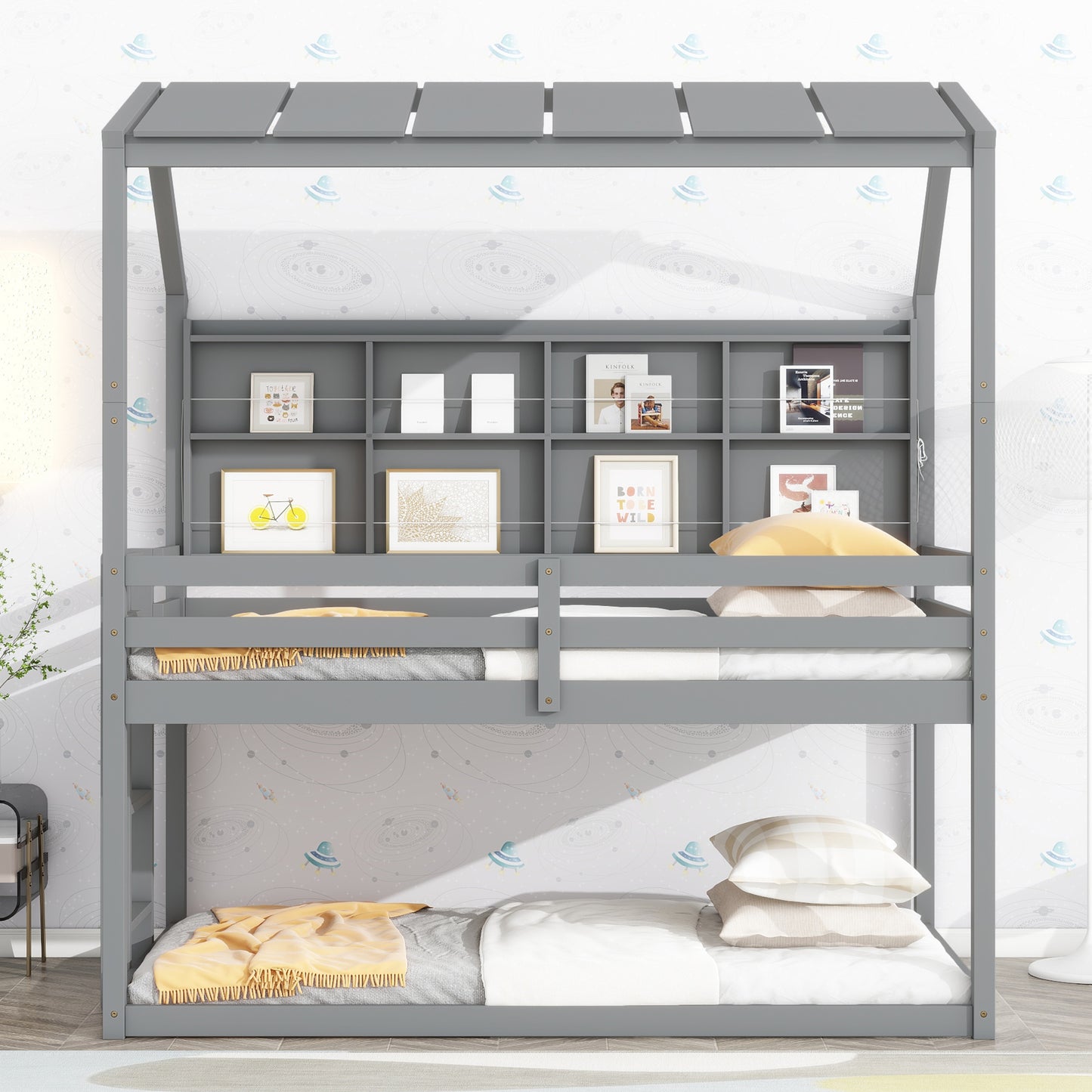 Twin House Loft Bed with Guardrails, Semi-enclosed Roof, Bedside Shelves and Ladder, Grey