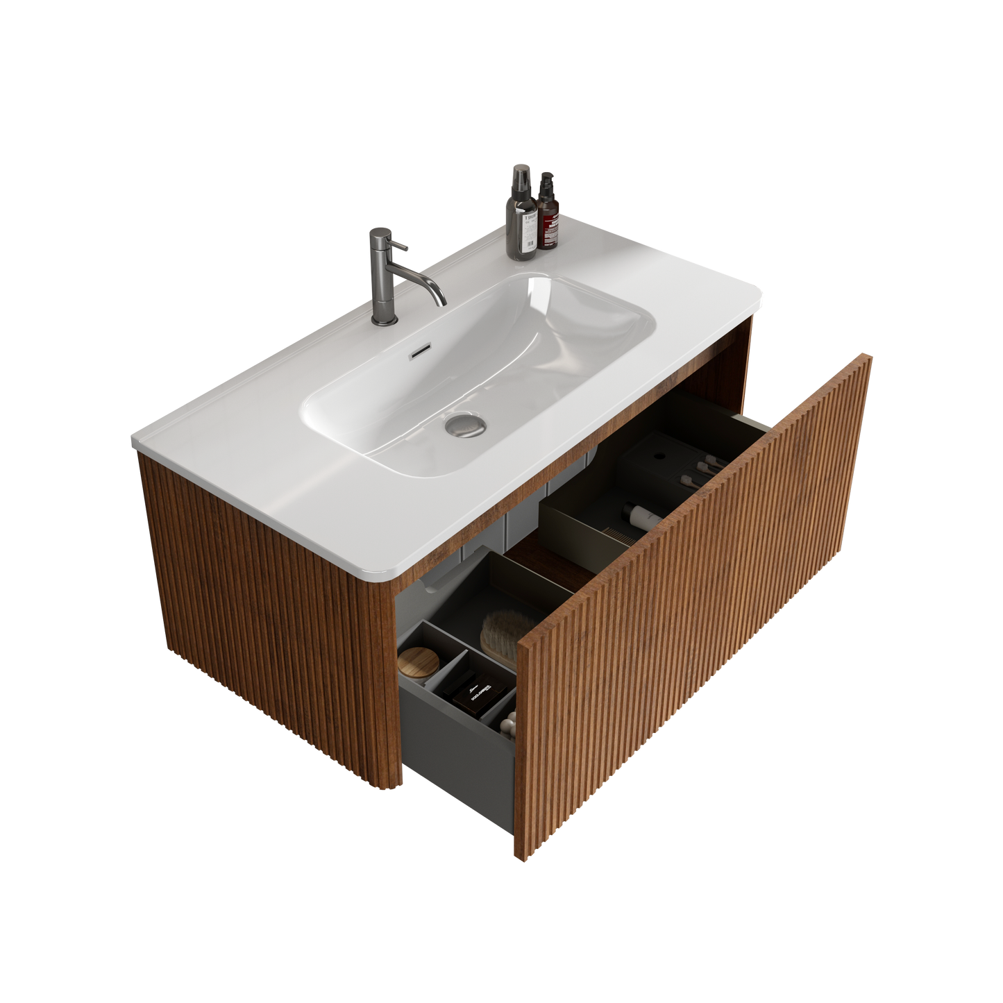 U048-Etna36W-305 Etna 36" Striped Walnut Bathroom Vanity with White Ceramic Sink, Wall Mounted Floating Bathroom Vanity for Modern Bathroom, Pre-assembled