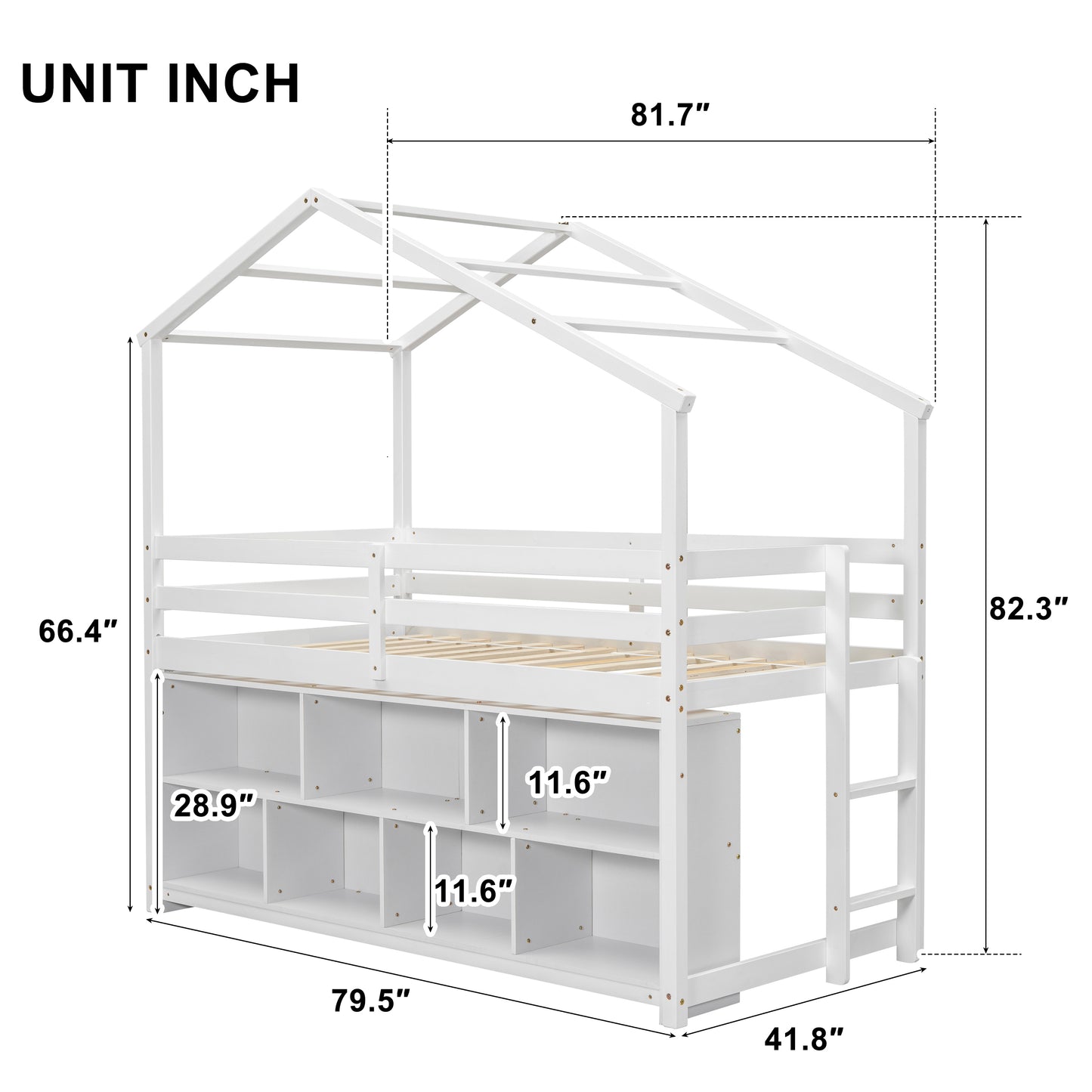 Twin House Loft Bed with Roof Frame, Under Bed Shelving Storage Unit, Guardrails, Ladder,White