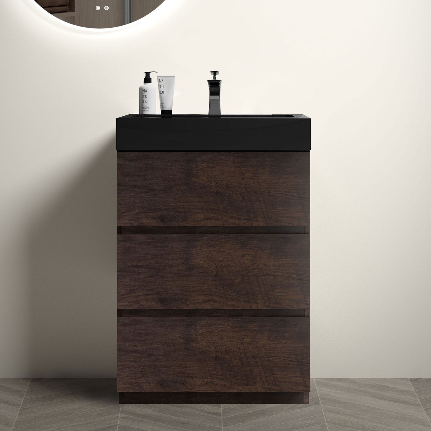 Alice 24" Walnut Bathroom Vanity with Sink, Large Storage Freestanding Bathroom Vanity for Modern Bathroom, One-Piece Black Sink Basin without Drain and Faucet, Pre-assembled