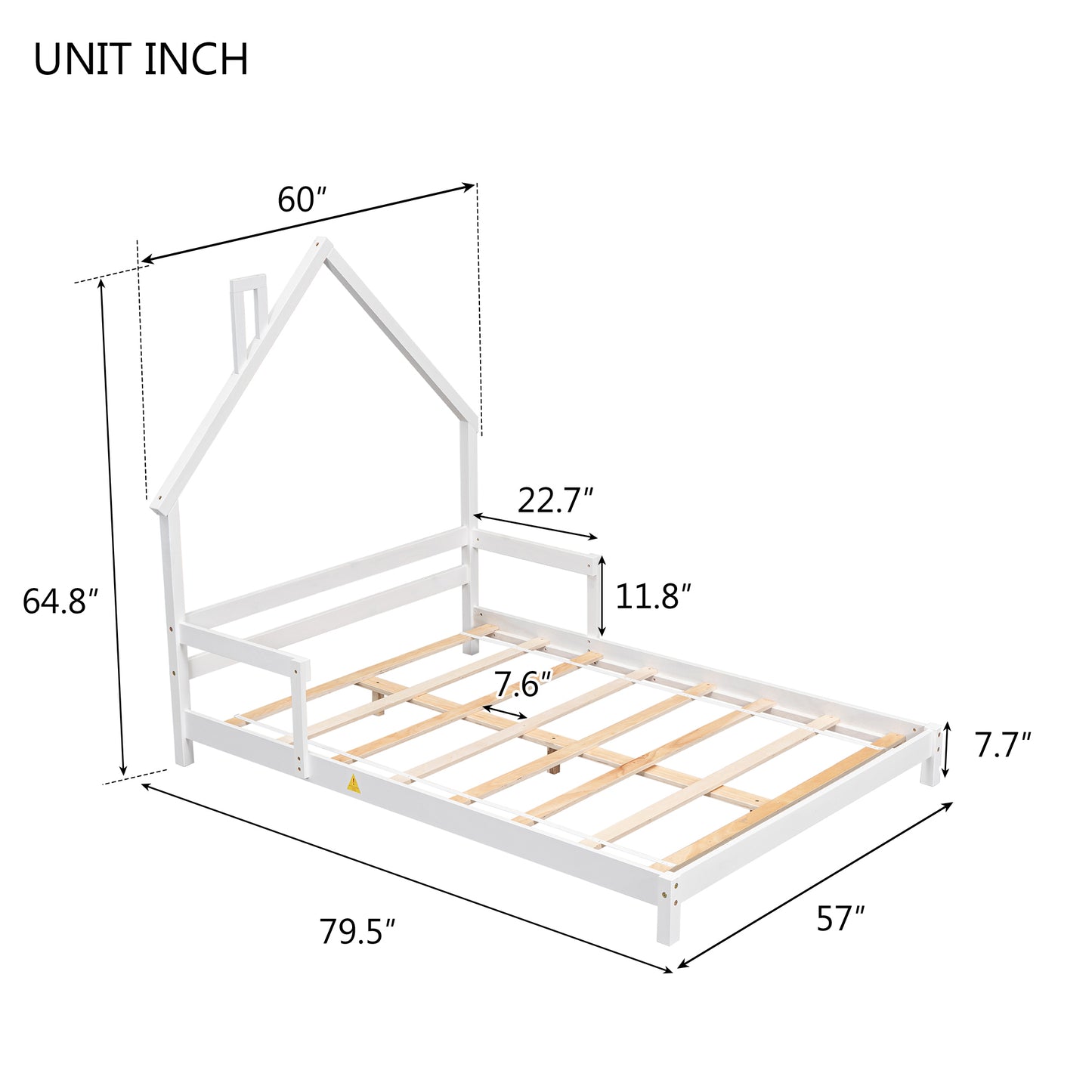 Full House-Shaped Headboard Bed with Handrails ,slats ,White