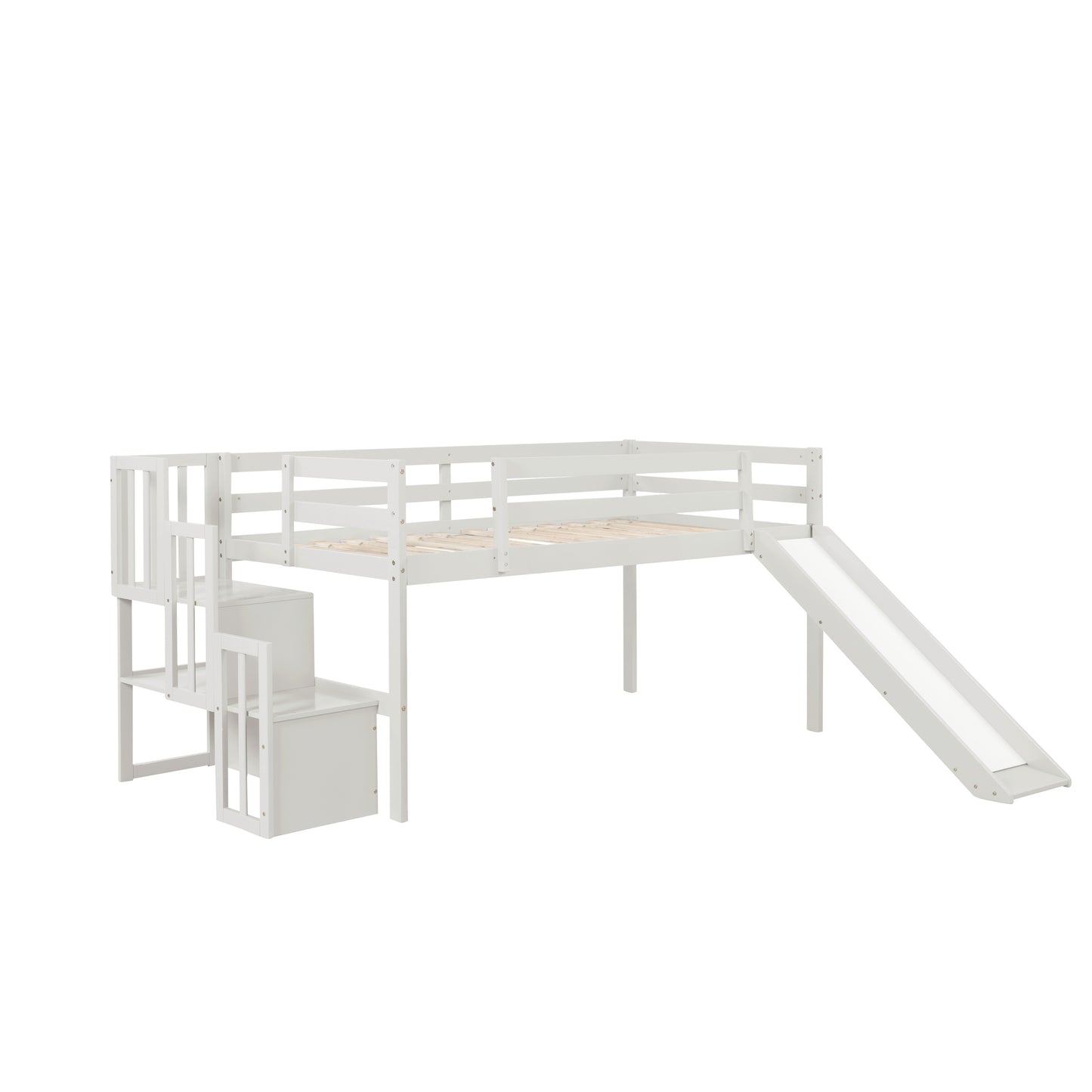 Loft Bed with Staircase, Storage, Slide, Twin size, Full-length Safety Guardrails, No Box Spring Needed, White (Old Sku:W504S00004)