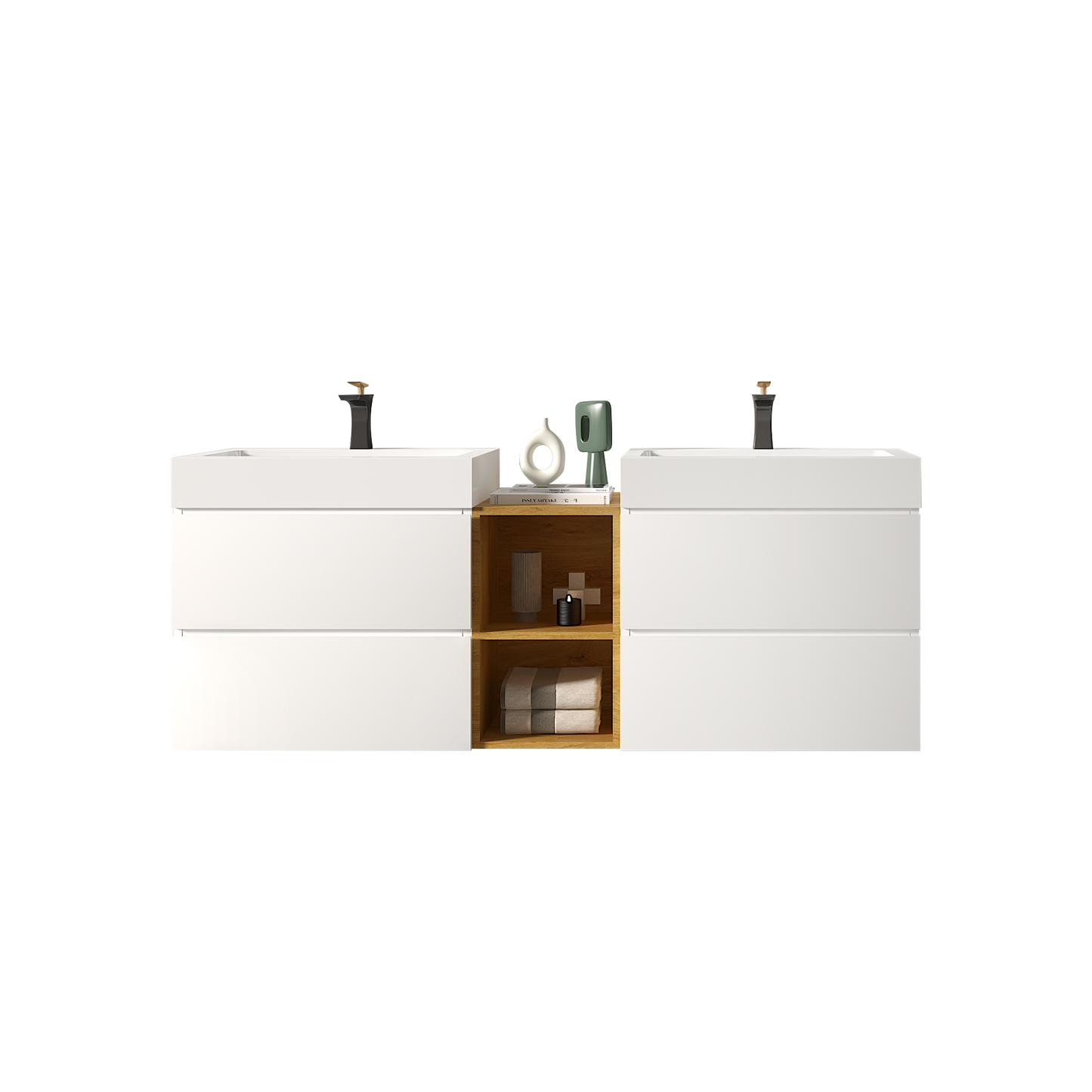 U062-Alice60W-201 Alice 60" White Bathroom Vanity with Double Sinks and Open Shelf, Modern Wall Mounted Floating Bathroom Vanity, One-Piece Sink Basin without Drain and Faucet