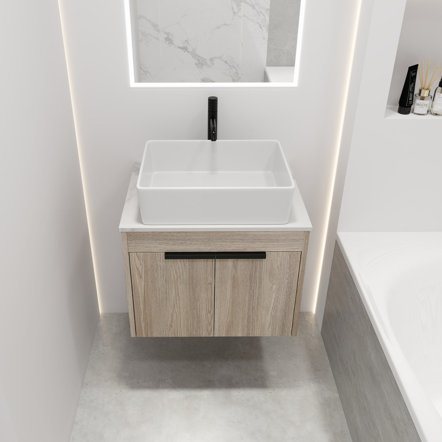 24 " Modern Design Float Bathroom Vanity With Ceramic Basin Set,  Wall Mounted White Oak Vanity  With Soft Close Door,KD-Packing,KD-Packing,2 Pieces Parcel(TOP-BAB110MOWH)