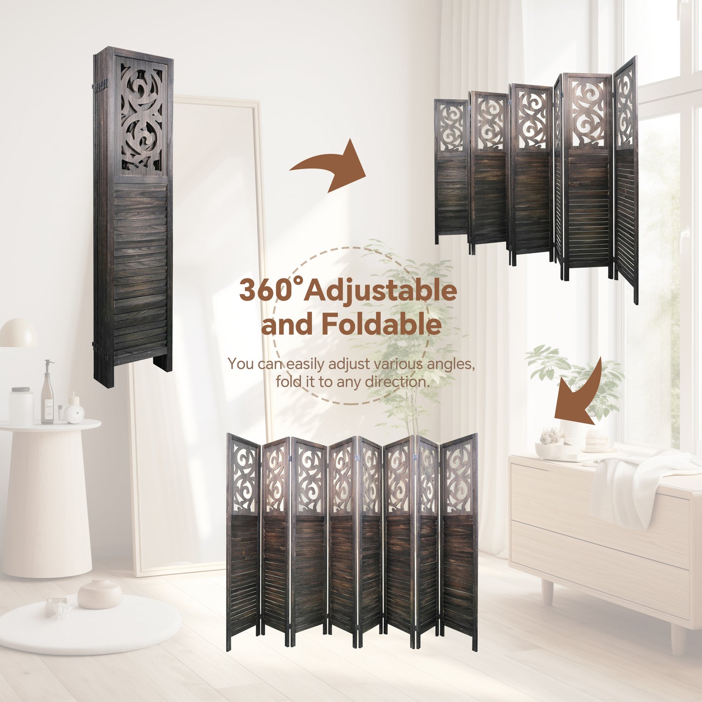 8 Panel Room Dividers, 6FT Carved Wood Room Divider Partition Room Dividers Wall Wooden Carved Folding Privacy Screens Foldable Panel Wall Divider for Office Restaurant, Rustic Brown