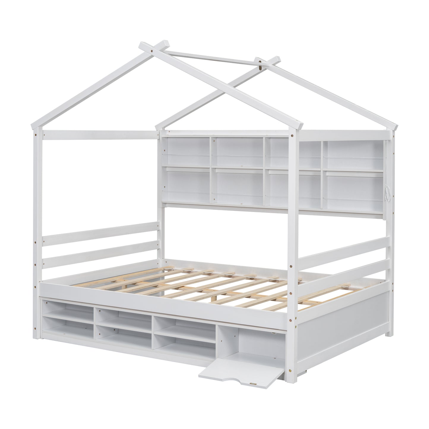 Full House Bed with Roof Frame, Bedside-shelves, Under Bed Storage Unit,White