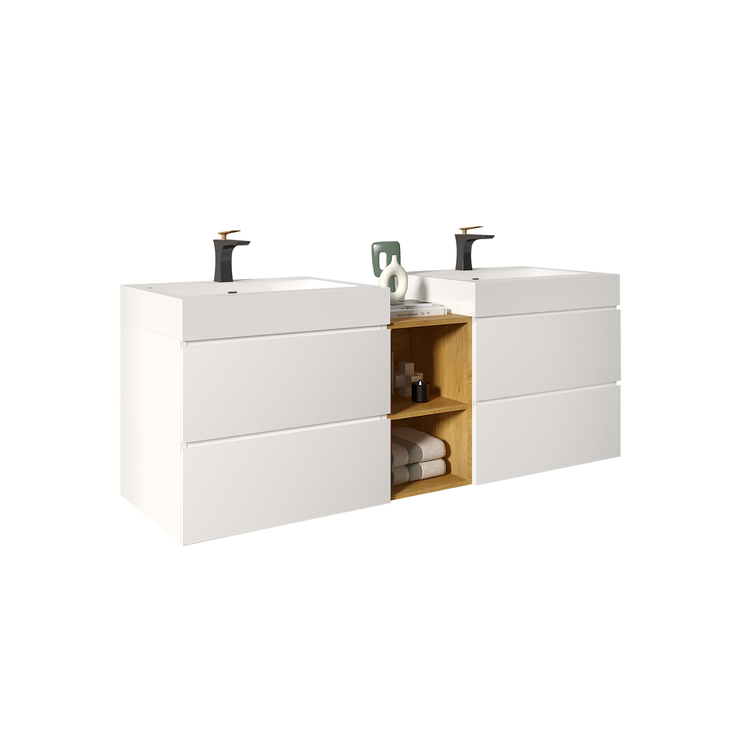 U062-Alice60W-201 Alice 60" White Bathroom Vanity with Double Sinks and Open Shelf, Modern Wall Mounted Floating Bathroom Vanity, One-Piece Sink Basin without Drain and Faucet