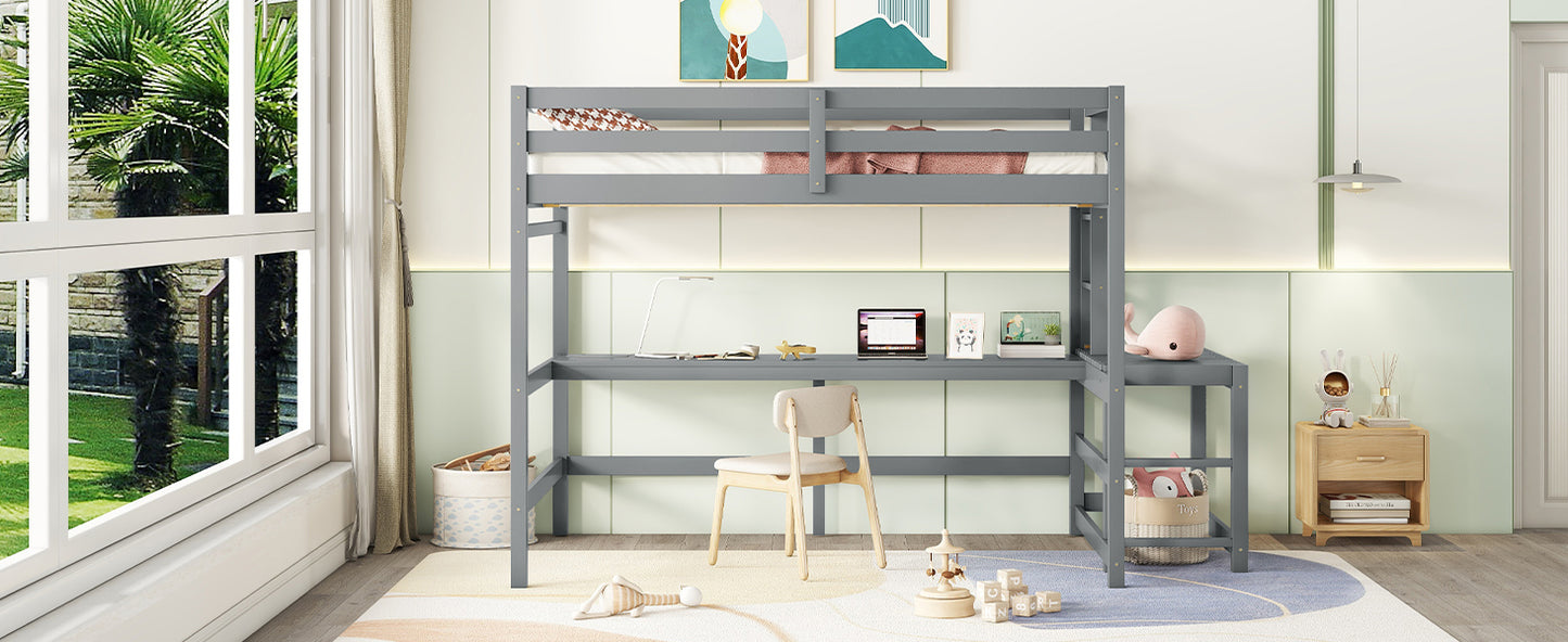 Full Loft Bed with Built-in Desk, Ladder Platform, Ladders, Guardrails,Grey