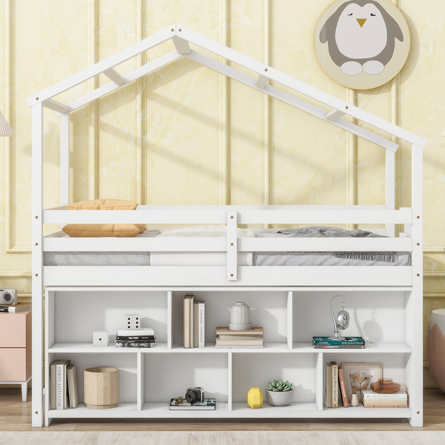 Twin House Loft Bed with Roof Frame, Under Bed Shelving Storage Unit, Guardrails, Ladder,White