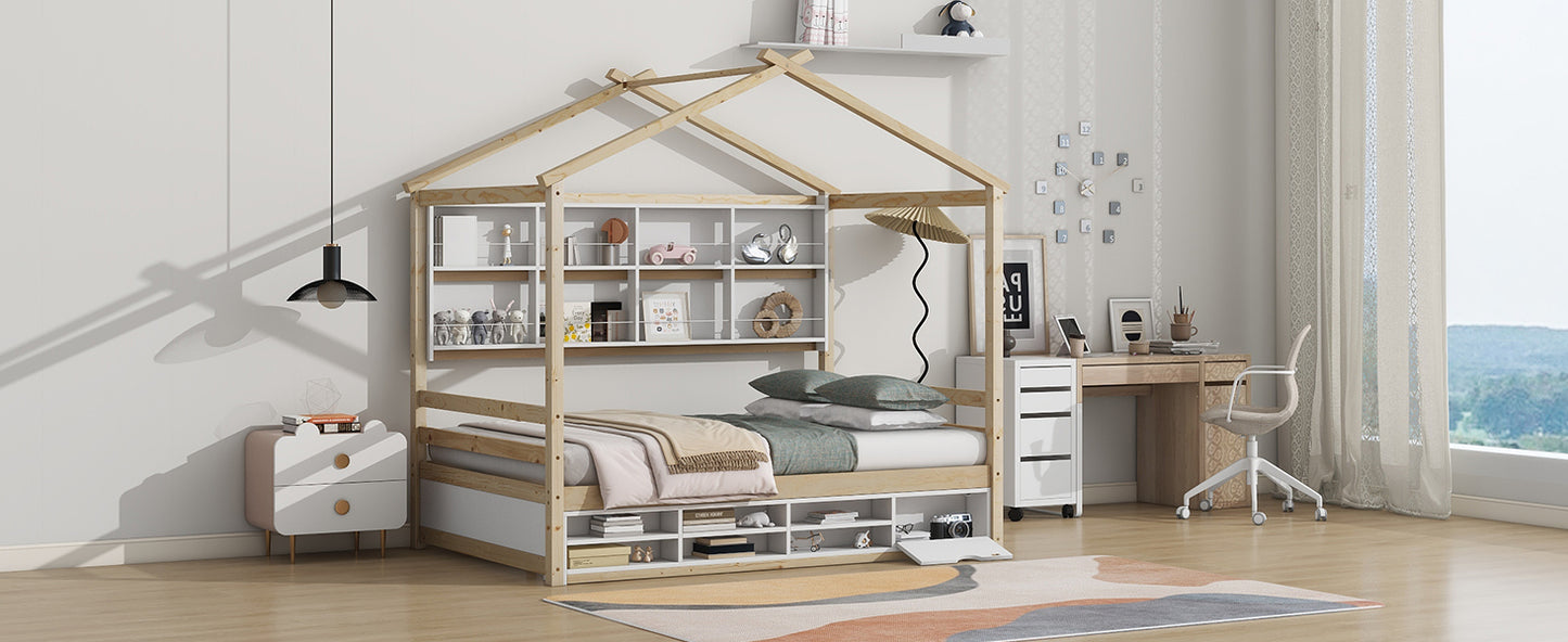 Full House Bed with Roof Frame, Bedside-shelves, Under Bed Storage Unit,Natural