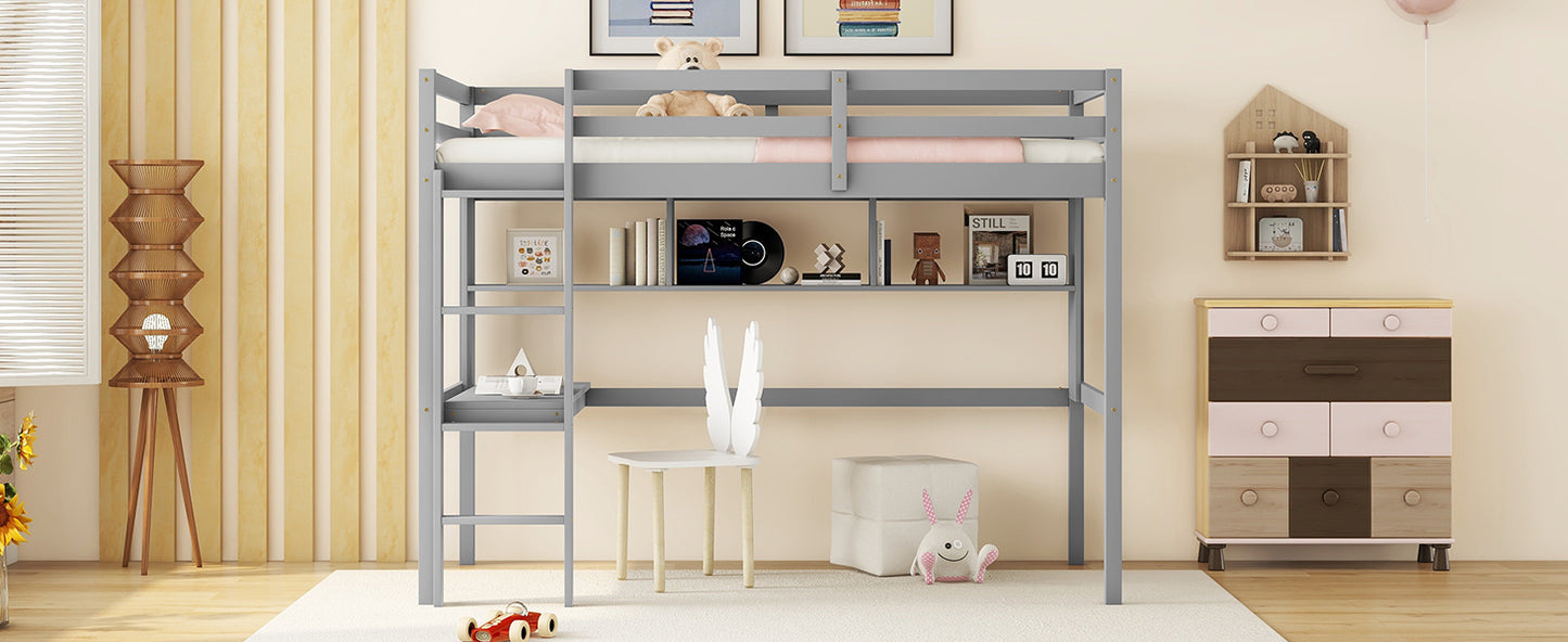 Twin Loft Bed with built-in desk and bookcase of three compartments, Guardrails and Ladder,Grey