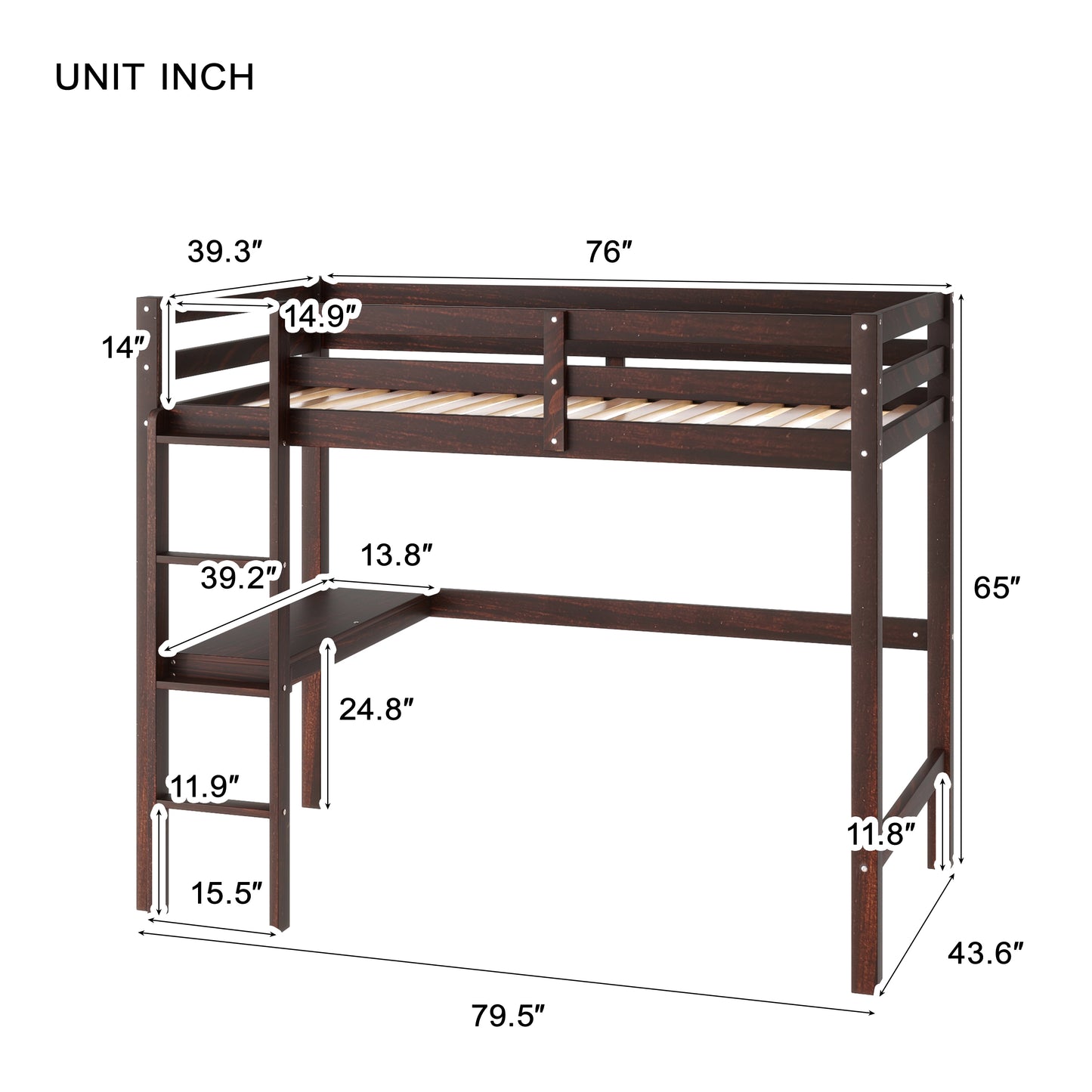 Twin Loft Bed with  built-in desk,Espresso