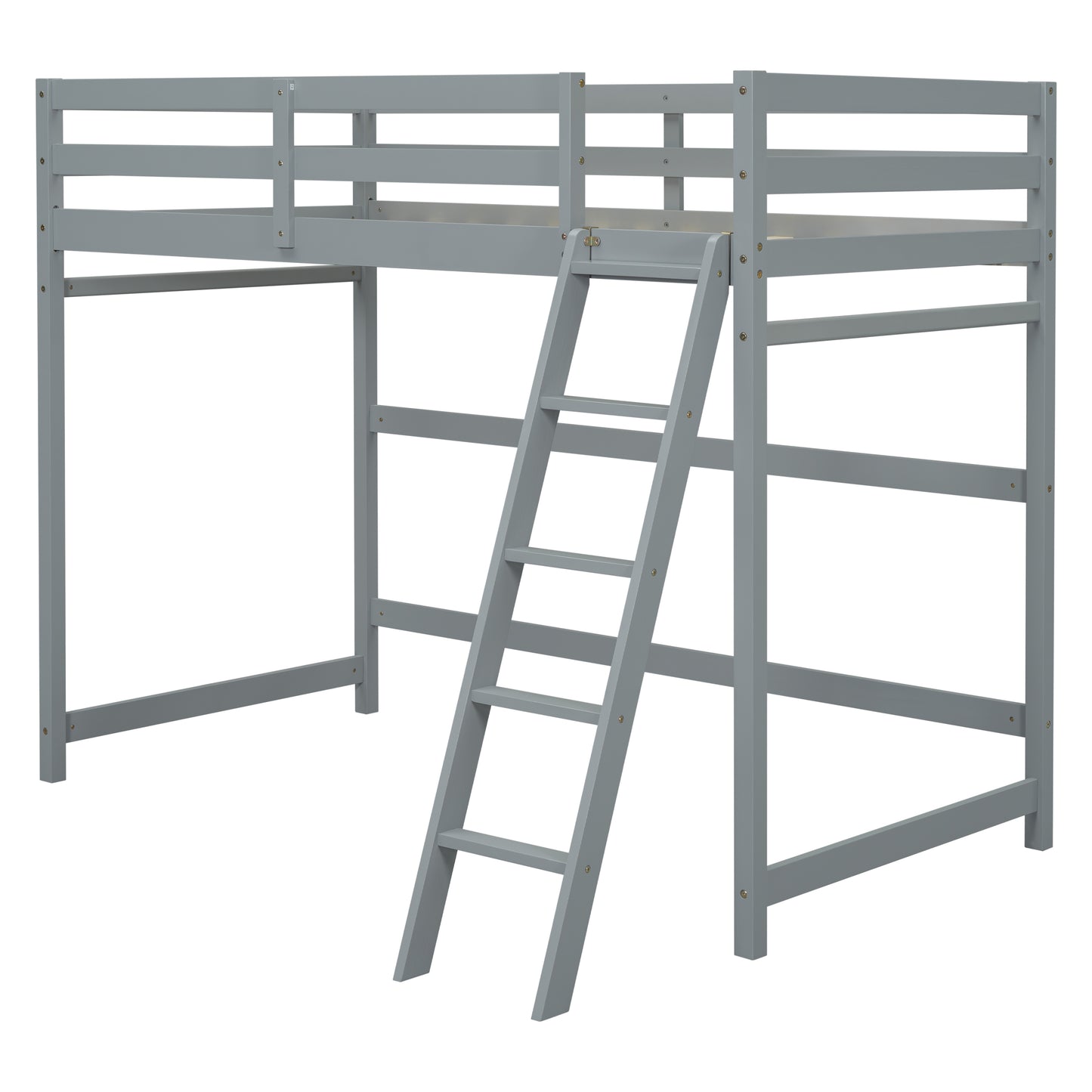 Twin Size High Loft Bed with inclined Ladder, Guardrails,Grey