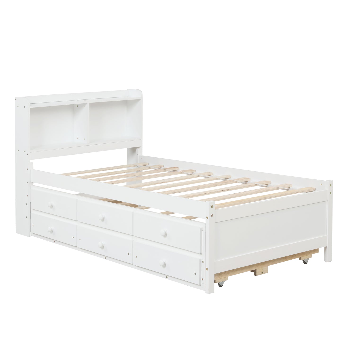 Twin Bed with Bookcase,Twin Trundle,Drawers,White