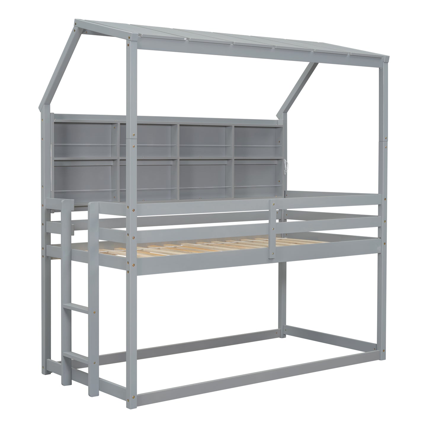 Twin House Loft Bed with Guardrails, Semi-enclosed Roof, Bedside Shelves and Ladder, Grey