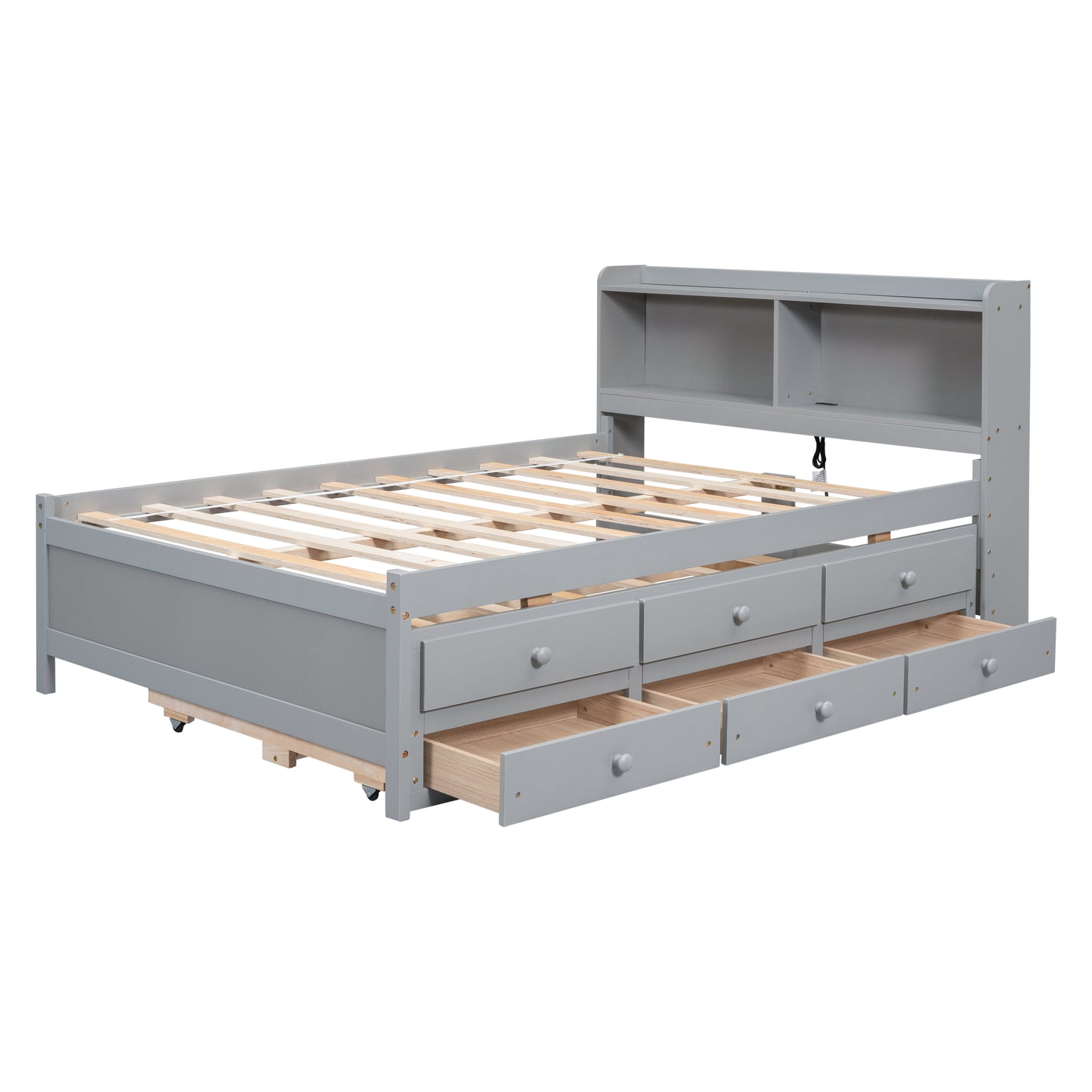 Full Size Bed with USB & Type-C Ports, LED light, Bookcase Headboard, Trundle and 3 Storage Drawers , Full Size Size Bed with  Bookcase Headboard, Trundle and Storage drawers ,Grey