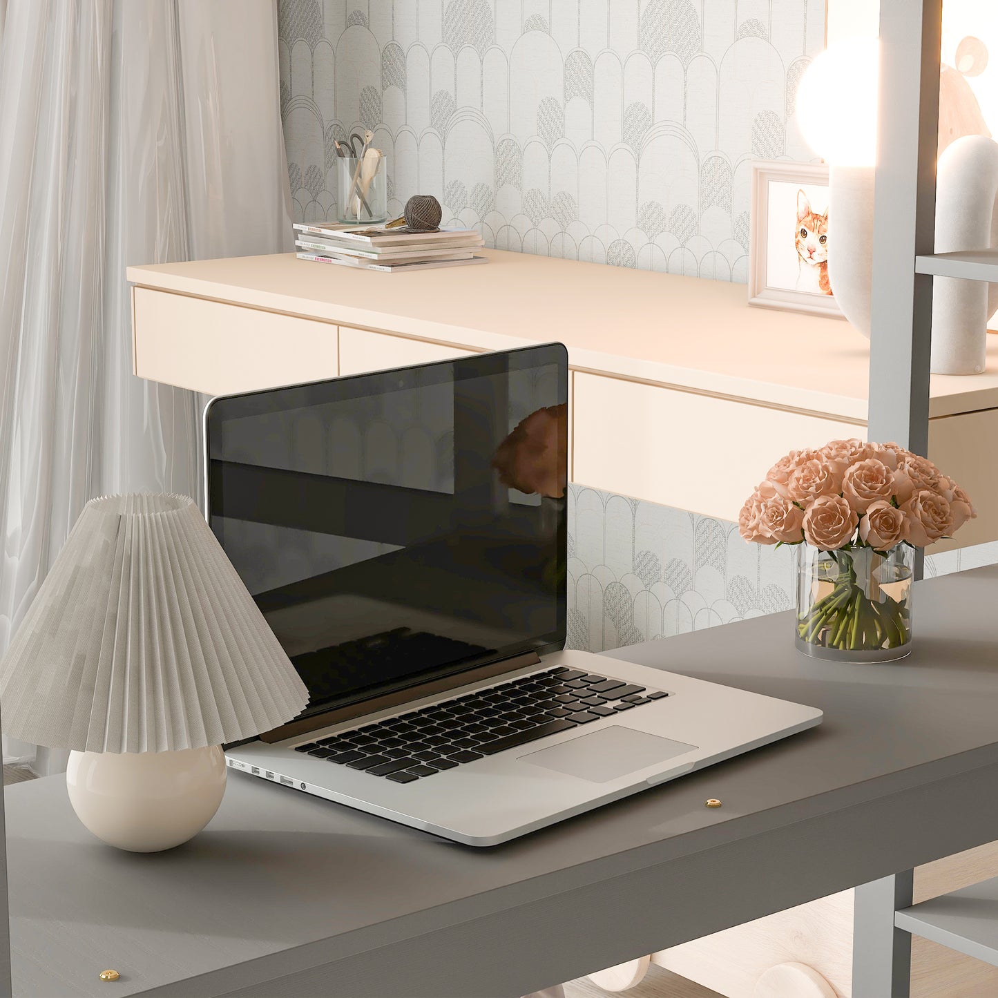 Full Loft Bed with Desk ,Shelves and Ladder, Grey