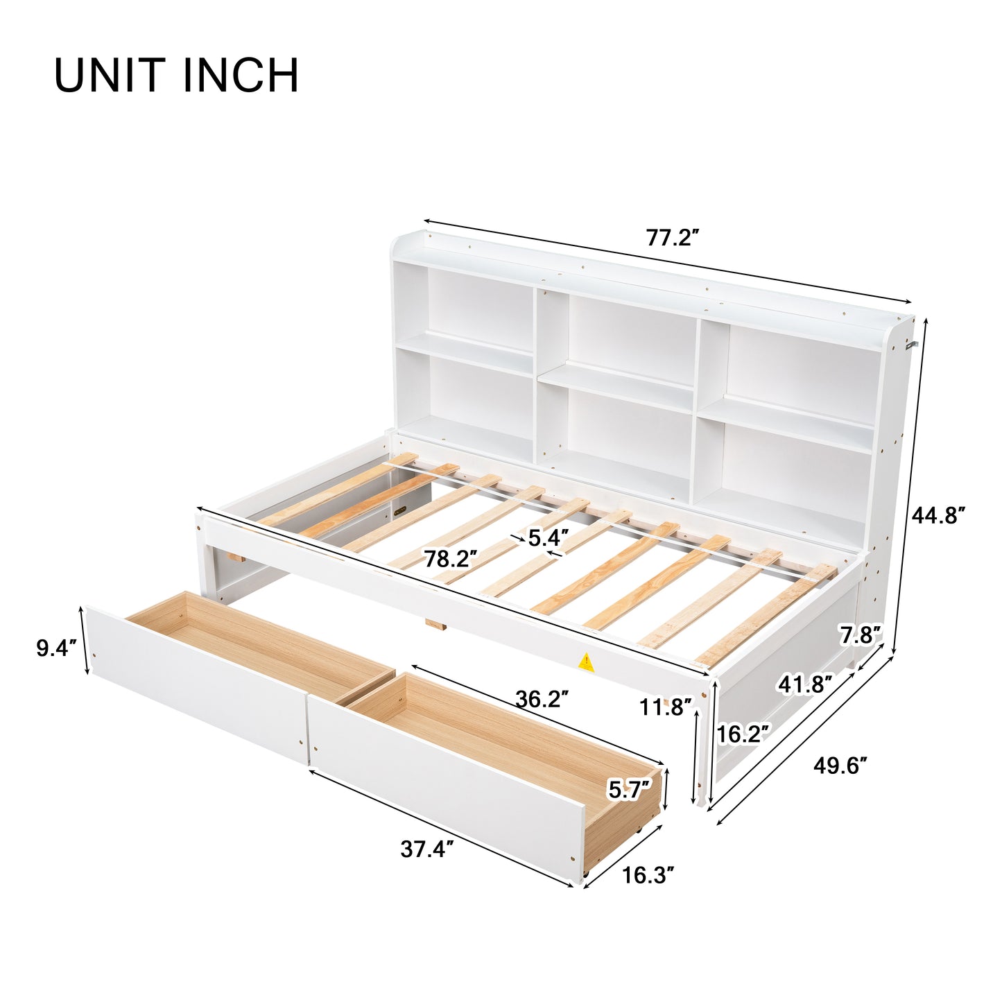 Twin Bed with Side Bookcase, Drawers,White