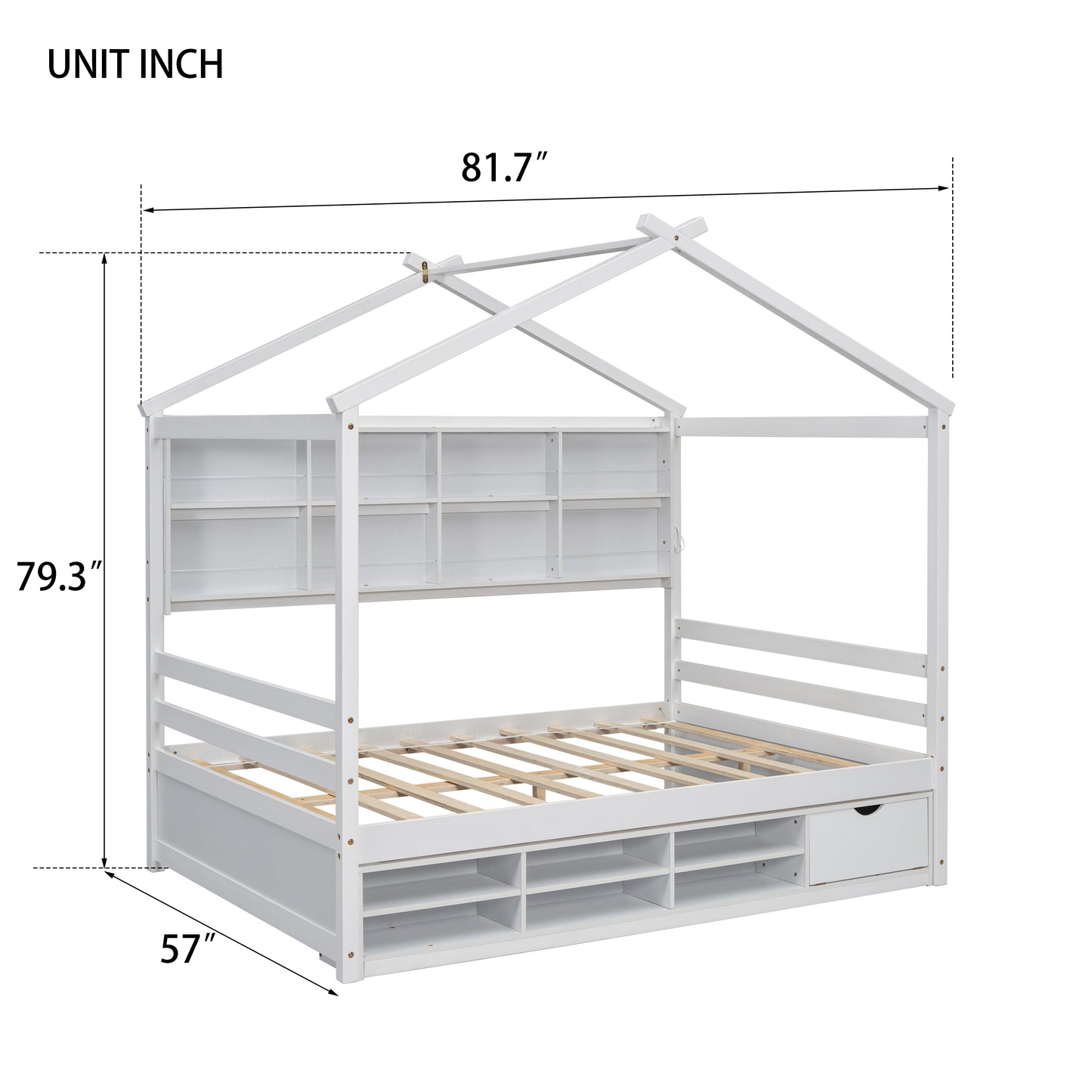 Full House Bed with Roof Frame, Bedside-shelves, Under Bed Storage Unit,White