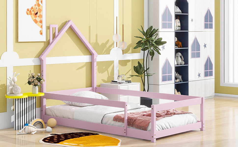 Twin Size Wood bed with House-shaped Headboard Floor bed with Fences,Pink