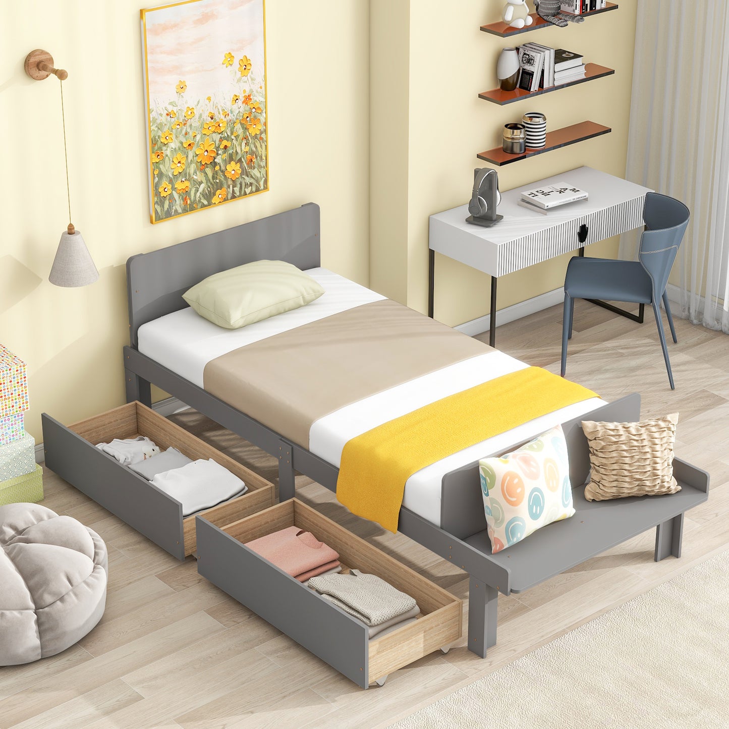 Twin Bed with Footboard Bench,2 drawers,Grey