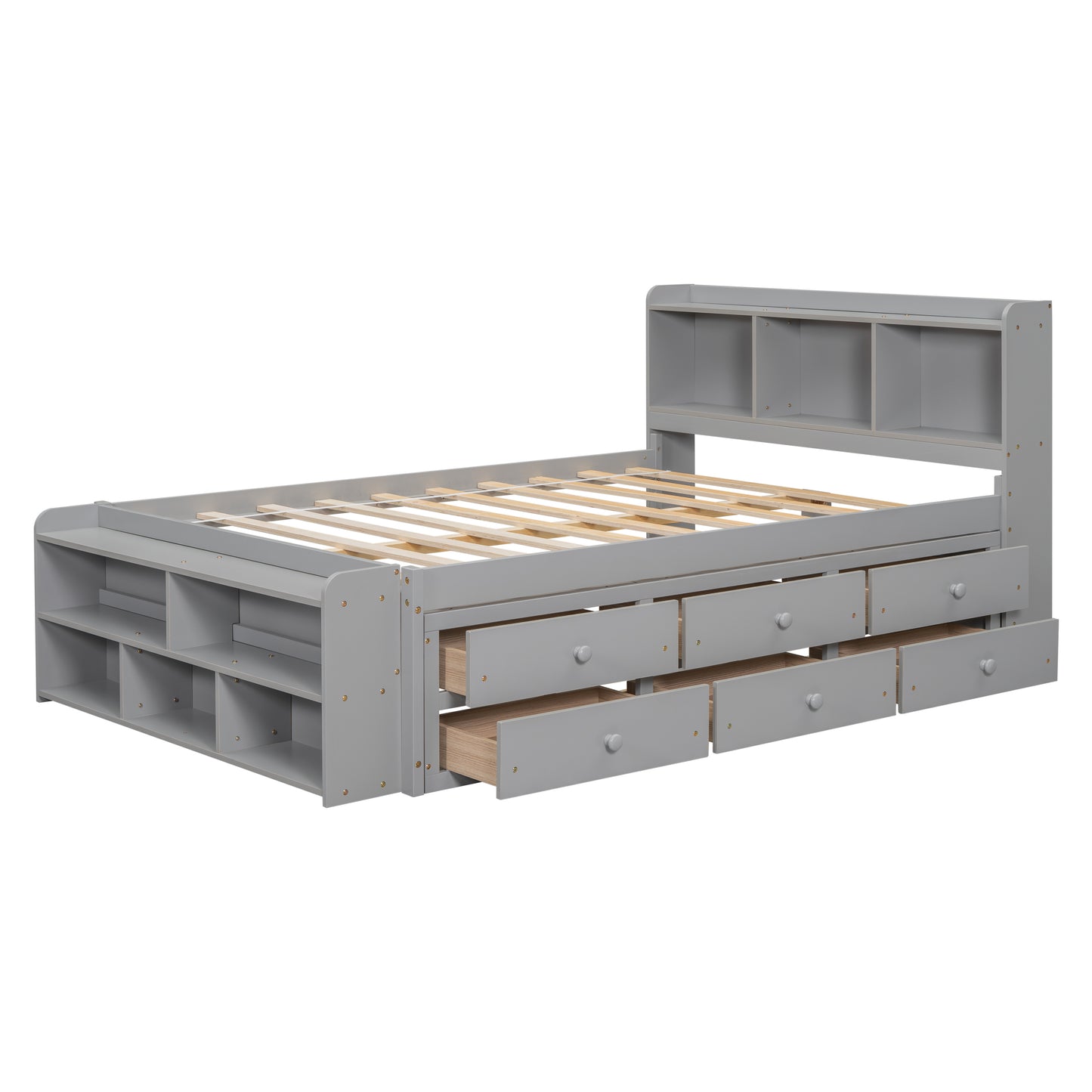 Full Bed with Bookcase Headboard, Under bed Storage Drawers and Bed End Storage Case,Grey