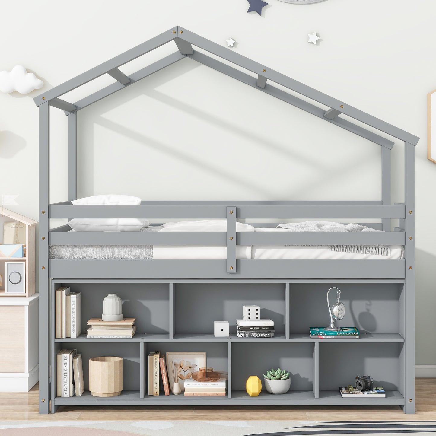 Twin House Loft Bed with Roof Frame, Under Bed Shelving Storage Unit, Guardrails, Ladder,Grey