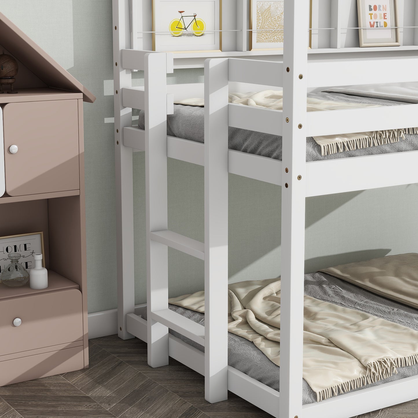 Twin House Loft Bed with Guardrails, Semi-enclosed Roof, Bedside Shelves and Ladder, White