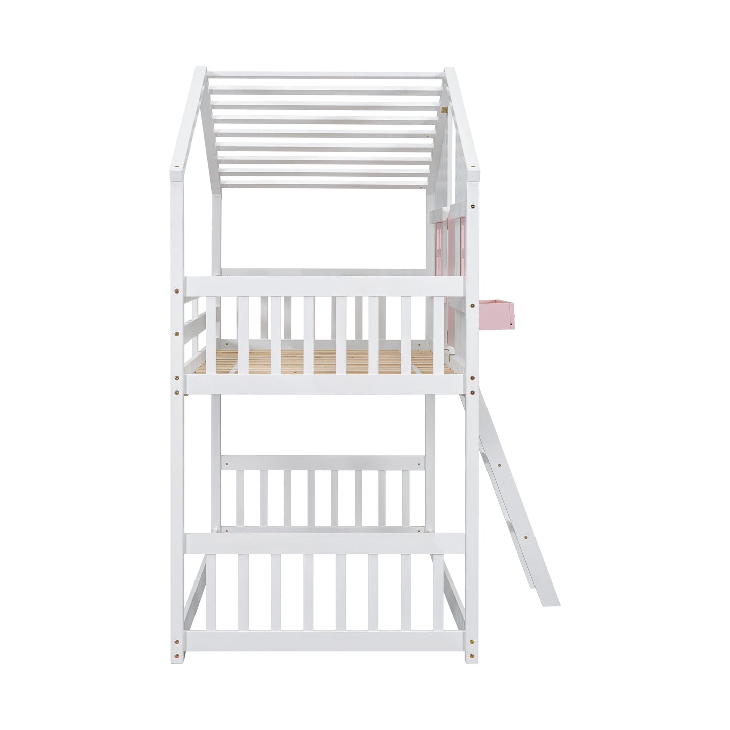 Twin over Twin House Bunk Bed with Roof , Window, Window  Box, Door , with Safety Guardrails and Ladder, Pink/White