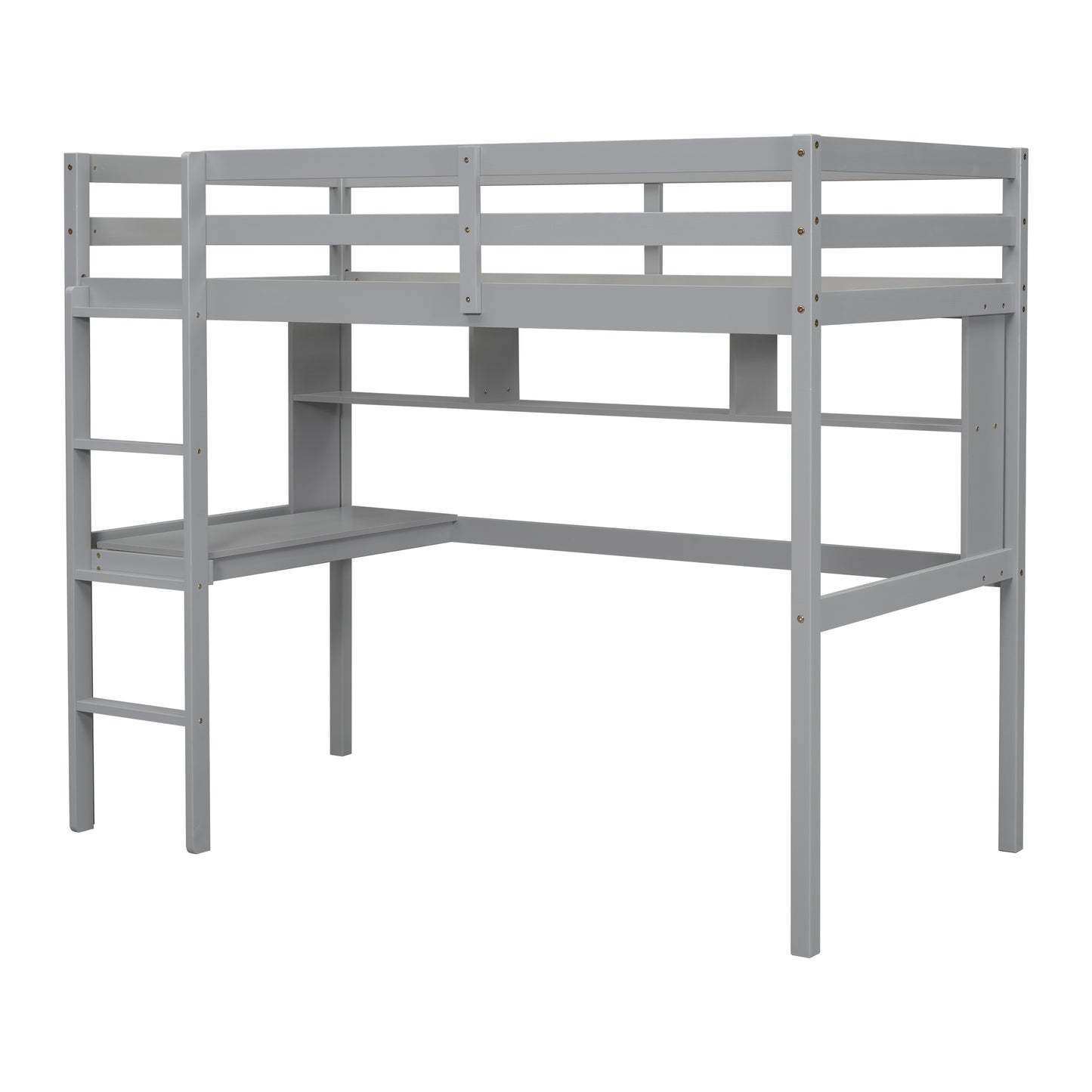 Twin Loft Bed with built-in desk and bookcase of three compartments, Guardrails and Ladder,Grey