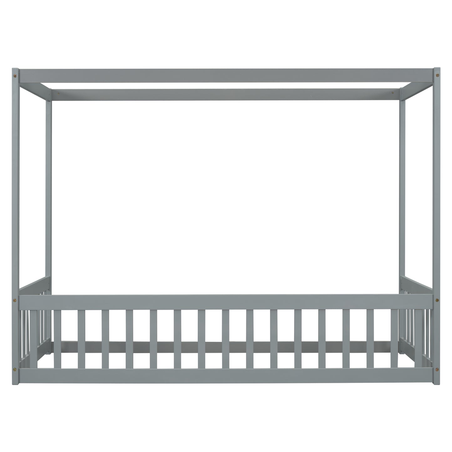 Twin Size Canopy Frame Floor Bed with Fence, Guardrails,Grey