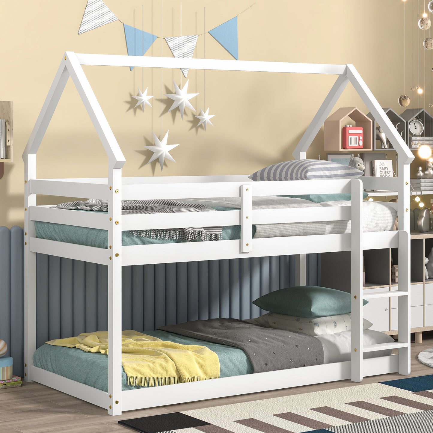 Twin over Twin Loft Bed with Roof Design, Safety Guardrail, Ladder, White