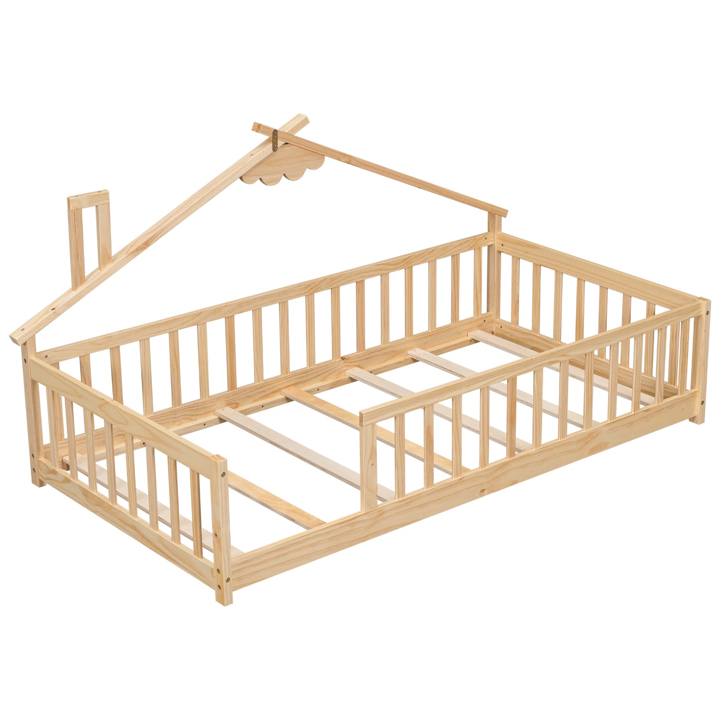 Twin House-Shaped Bedside Floor Bed with Guardrails, Slats, without Door ,Natural