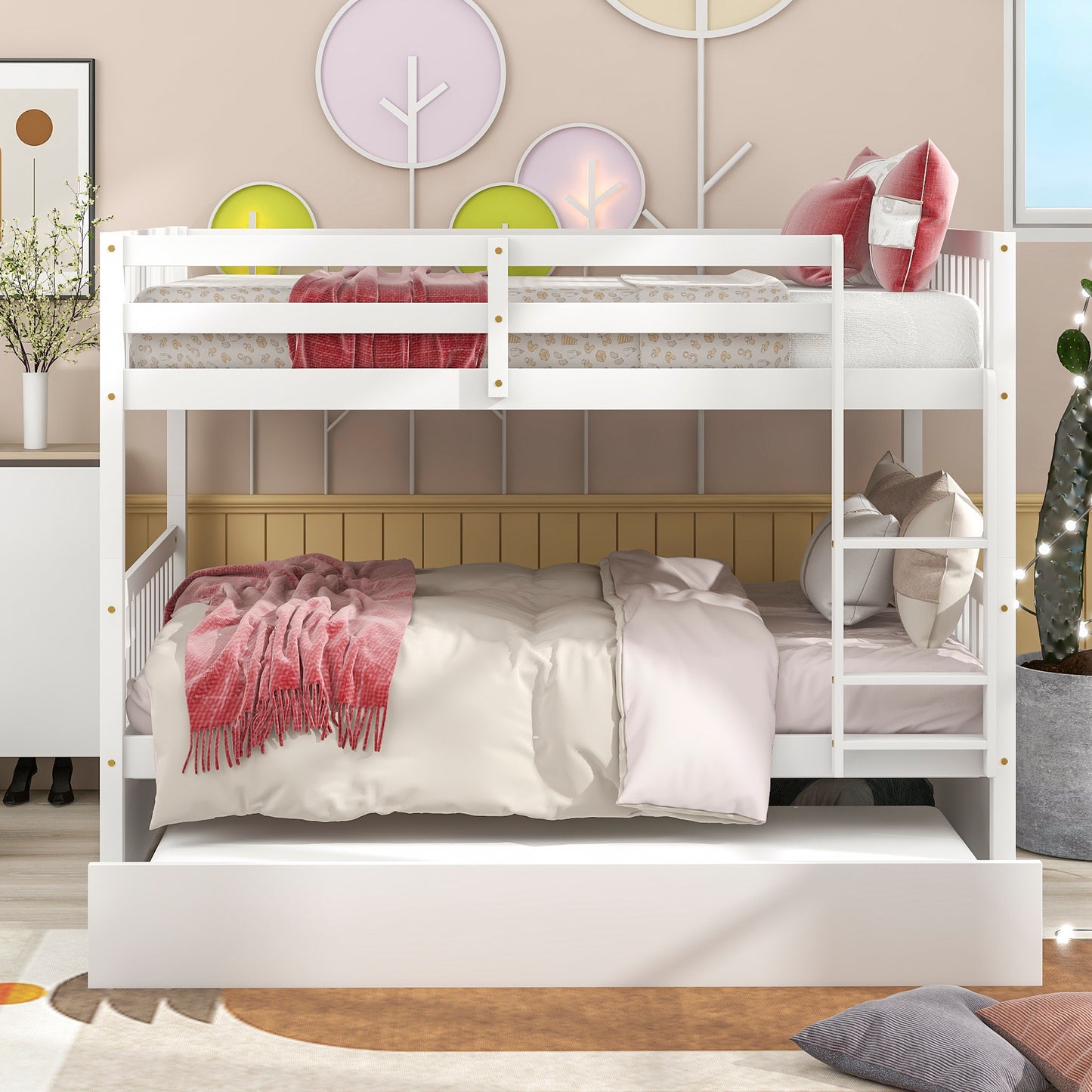 Full Over Full Bunk Bed with Trundle, Convertible to 2 Full Size Platform Bed, Full Size Bunk Bed with Ladder and Safety Rails for Kids, Teens, Adults,White(Old Sku:W504S00002)