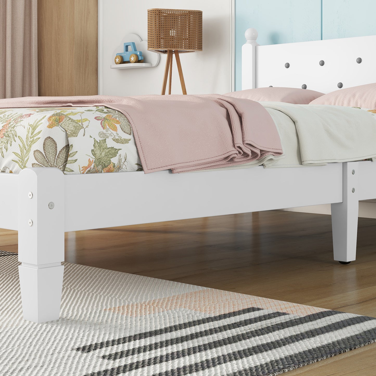 Twin Bed with Button-Decoration Headboard, with Bed Slats,White